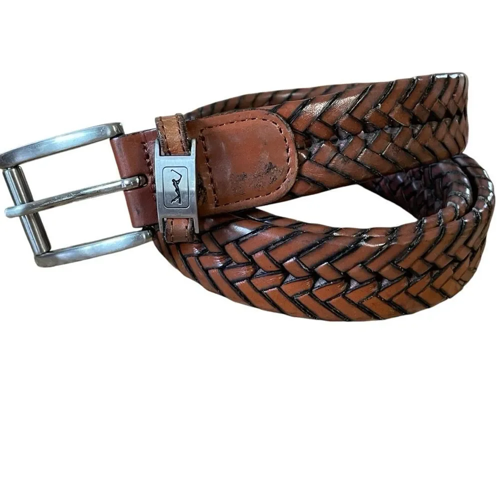 PGA Tour Men's Top Grain Leather Woven Braided Belt Brown Cognac Size 40